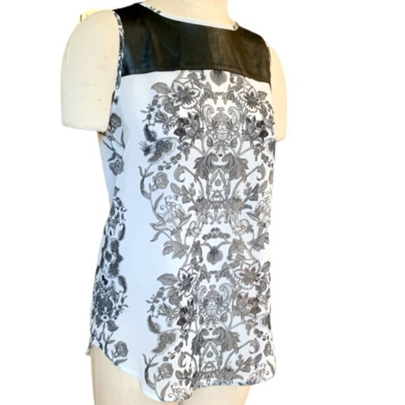 Bisou Bisou Sleeveless Top Mixed Media Faux Leather/Floral S Black & White 61E - Picture 4 of 8